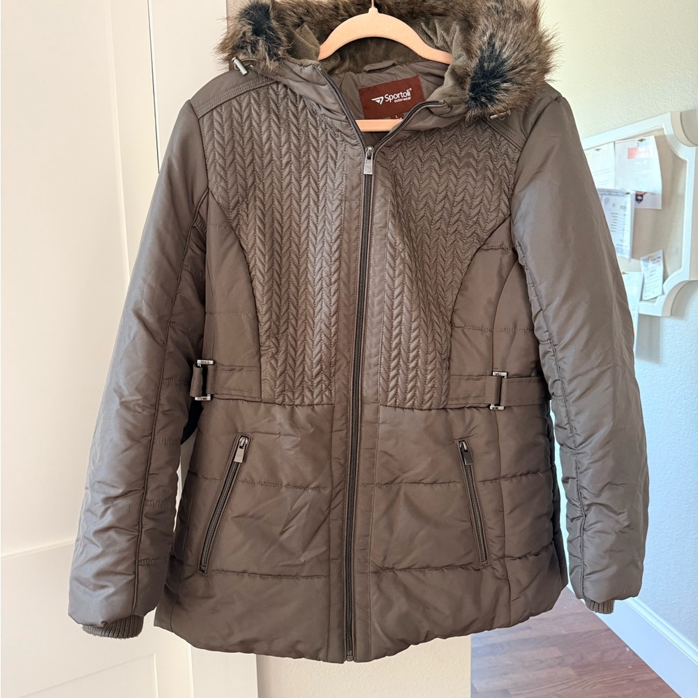 Sportoli Women's warm Grey Quilted Jacket with Fur Hood, L